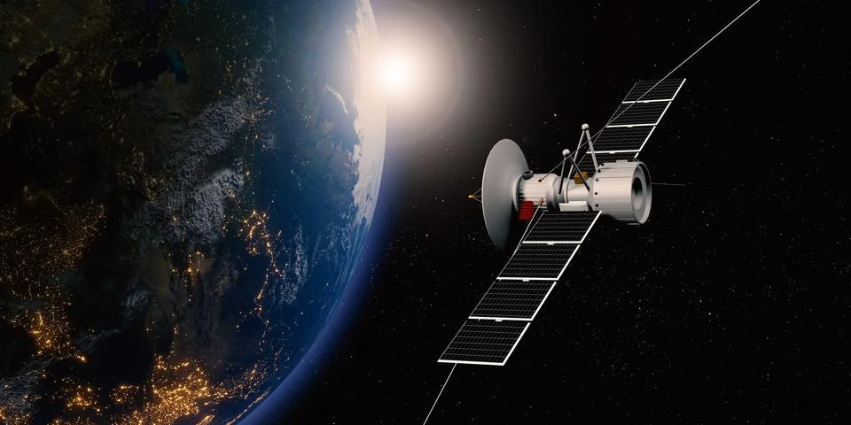 Communication satellite floating in space with a globe in the background tran Stock Illustration