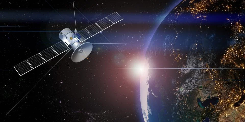 Communication satellite floating in space with a globe in the background tran Stock Illustration