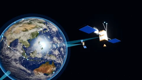 Communication satellite flying above blue planet earth Stock-Footage 340496813