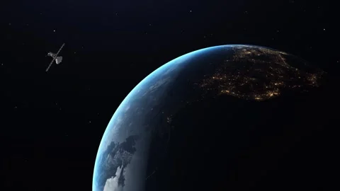 Communication satellite orbiting around earth planet Stock Footage 300095823