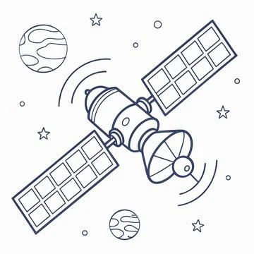 Communication satellite orbiting planets and stars outline space illustration Stock Illustration