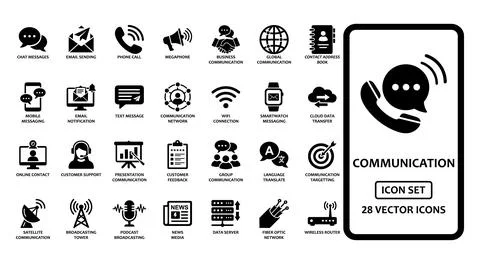 Communication solid icon set for digital messaging and networking. Collecti.. Stock Illustration