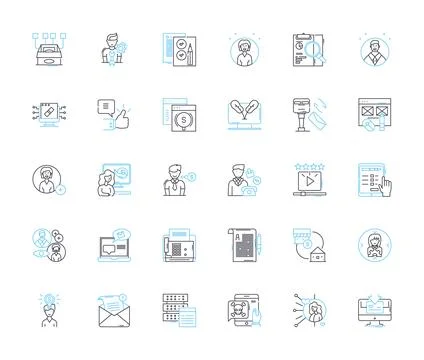 Communication Strategy linear icons set. target, message, audience, plan, brand Stock Illustration