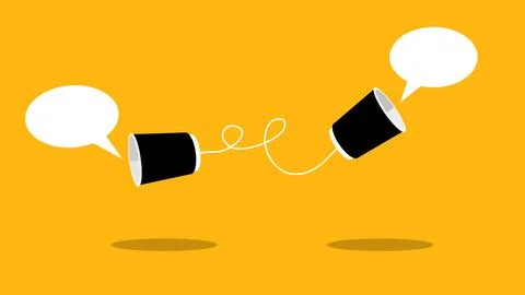 Communication system concept. Two black paper cups connected by a white strin Stock Illustration
