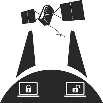 Communication systems between planets in space. Flat black icon. 스톡 일러스트