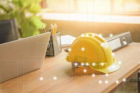Communication technology for business, Internet,Engineer hat with laptop comp Stock Photos