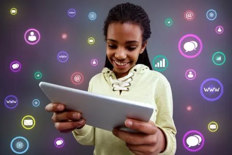 Communication technology. girl using tablet. Stock Photos
