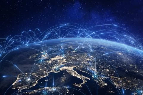 Communication technology with global internet network connected in Europe. .. Illustration