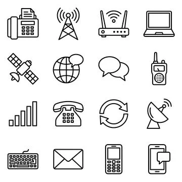 Communication technology icons set including fax machine, cell tower, route.. Stock-Illustration