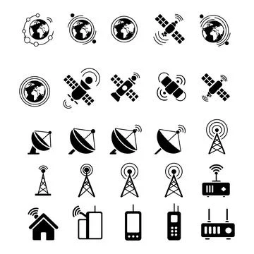 Communication Technology Icons Set Satellite Antenna Wireless Network Stock Illustration