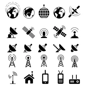 Communication Technology Icons Set Satellite Antenna Wireless Stock Illustration