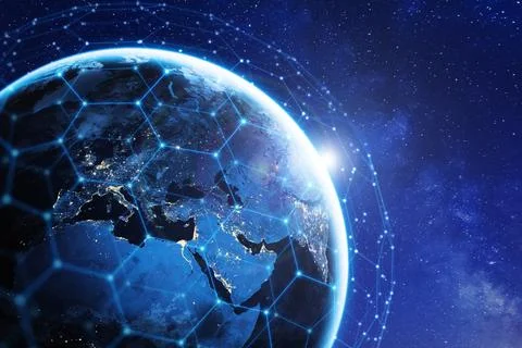 Communication technology with network around the world for internet, 5G cel.. Illustration