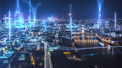 Communication Technology Network rays on Hyper lapse city background - 3d Stock Footage 163699432