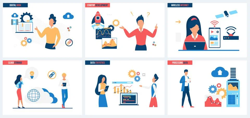 Communication technology, tech solution set, business people launch digital Stock Illustration