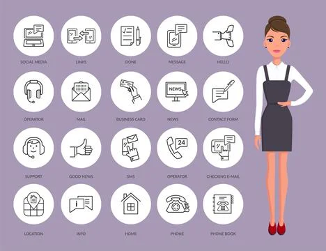 Communication thin line icons. Serious businesswoman and set of contact icons Stockillustratie