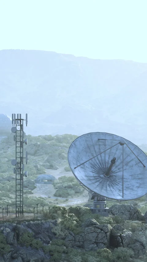 Communication tower and satellite dish in rural landscape under clear sky Vídeo Stock 339401210