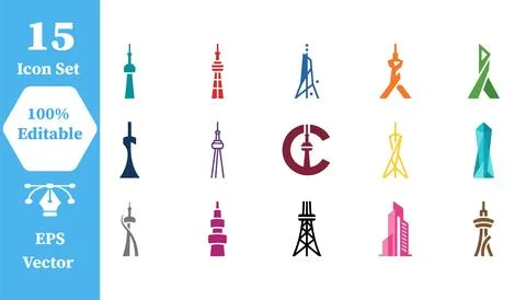 Communication tower and urban structure icon set for infrastructure Stock Illustration