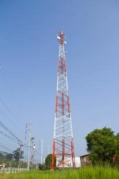 Communication Tower on blue sky background Stock Photos