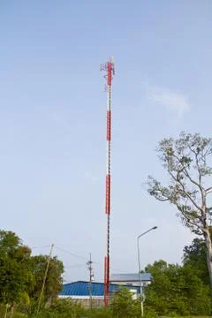 Communication Tower on blue sky background Stock Photos