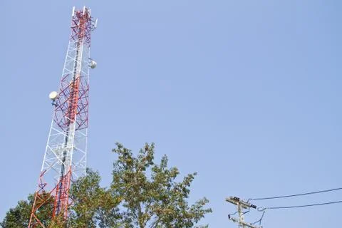 Communication Tower on blue sky background Foto stock