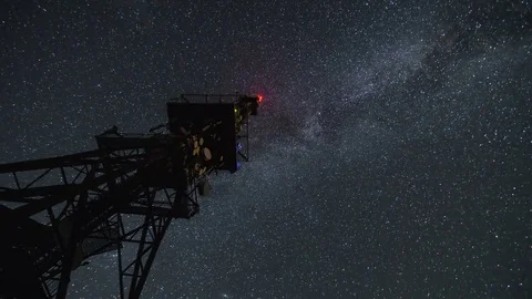 Communication tower  in starry night time lapse. Stars sky with milky way Stock-Footage 69202740