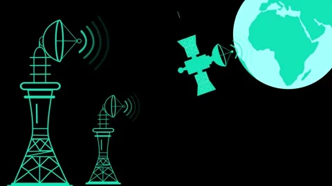 Communication Towers and Satellite Transmitting to Earth Animation Vídeos de archivo 315192519