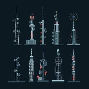 Communication towers cellular set. Amplifiers with towers on dark background Stock Illustration