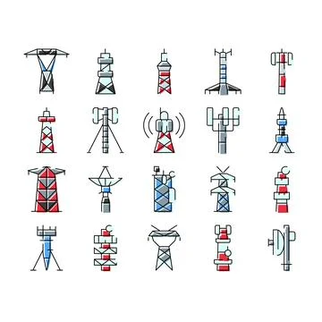 Communication towers collection transmitting wireless technology signal Stock Illustration