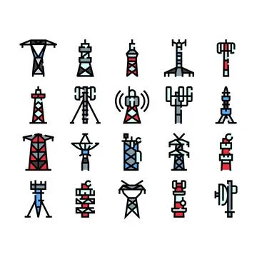 Communication towers transmitting signals for wireless technology icons Stock Illustration