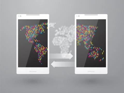 Communication using mobile phones with world map background Stock Illustration