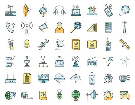 Communications engineer icons set vector color line 스톡 일러스트