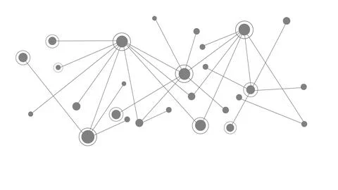 Communications network data process activity, data connect technology illus.. Illustrazione stock
