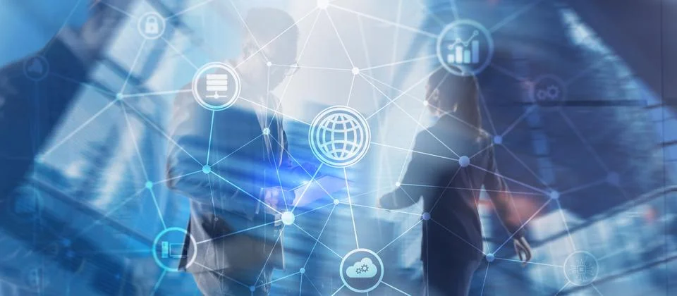 Communications project. Graphics on the background of office workers Stock Photos