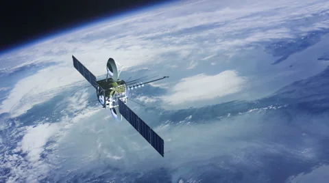 Communications satellite orbiting planet earth, slowly moving up. Stock Footage
