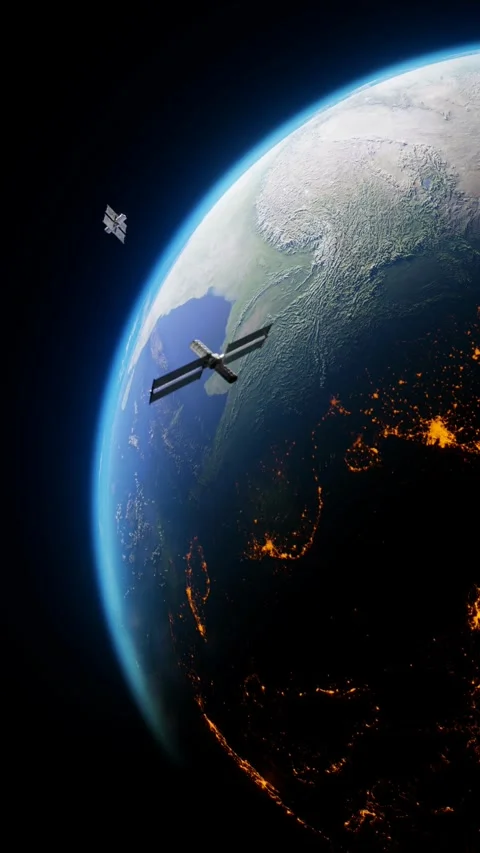 Communications satellites orbiting earth Video stock 258369284
