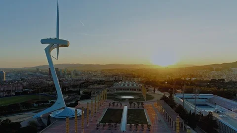 Communications Tower or Torre Calatrava, located on top of Montjuic, was built Stock Footage 99252761