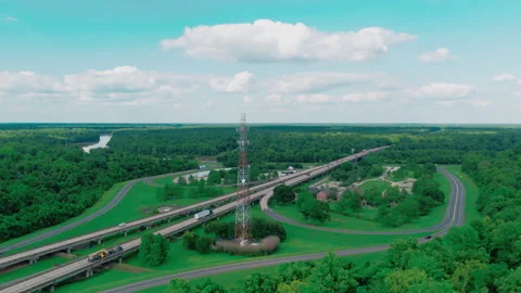 Communications Tower over I-10 Highway Aerial, Louisiana Swamp Telecom Mast Stock Footage 342061134