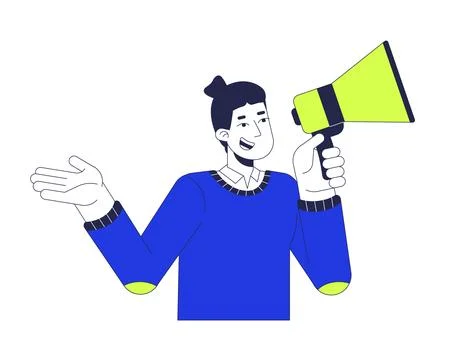 Communicative caucasian man talking through megaphone 2D cartoon character Stock Illustration
