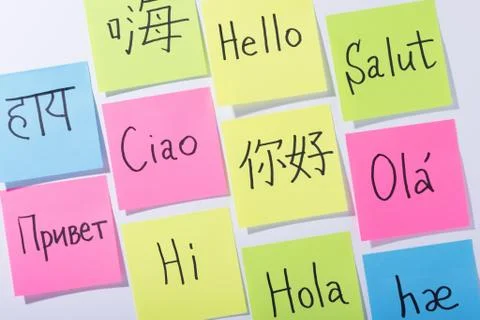 Communicative stickers: saying “Hello” in different languages Fotos de archivo