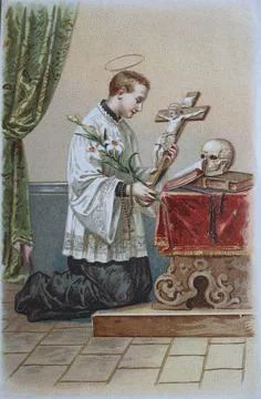 Communion picture child kneeling in front of an altar crucifix and skull 1890 Stock Illustration