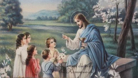 Communion picture Jesus blesses several children Historic digitally restored Stock Illustration
