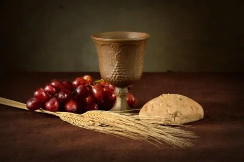 Communion Table With Wine Bread Grapes and Wheat Stock Photos