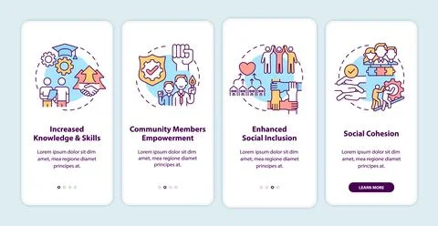Community development benefits onboarding mobile app page screen with concepts Stock Illustration