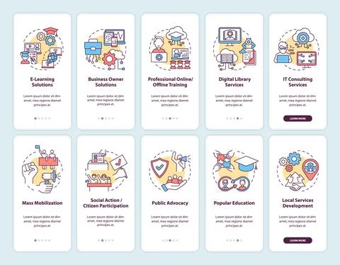 Community development onboarding mobile app page screen with concepts set Illustrazione stock