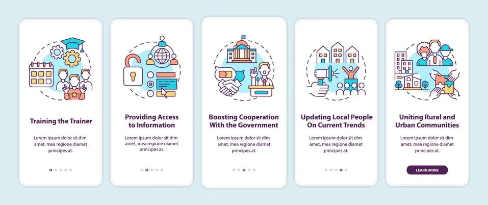 Community development steps onboarding mobile app page screen with concepts Stock Illustration