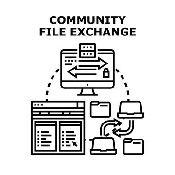 Community file exchange sharing data between devices Illustrazione stock
