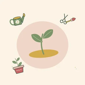 Community garden essentials with seedling and tools. Decorative flat vector c Stock Illustration