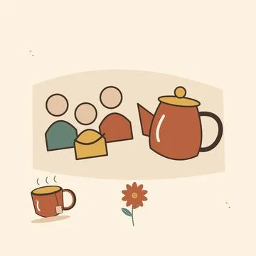 Community gathering with shared tea and flowers. Decorative flat vector compo Stock Illustration