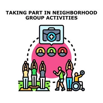 Community group activities promoting teamwork and health Illustrazione stock