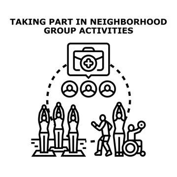 Community group activities promoting teamwork and health Ilustração Stock
